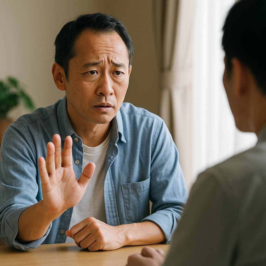 禁酒中の中年男性が飲み会の誘いを丁寧に断っている場面の写真