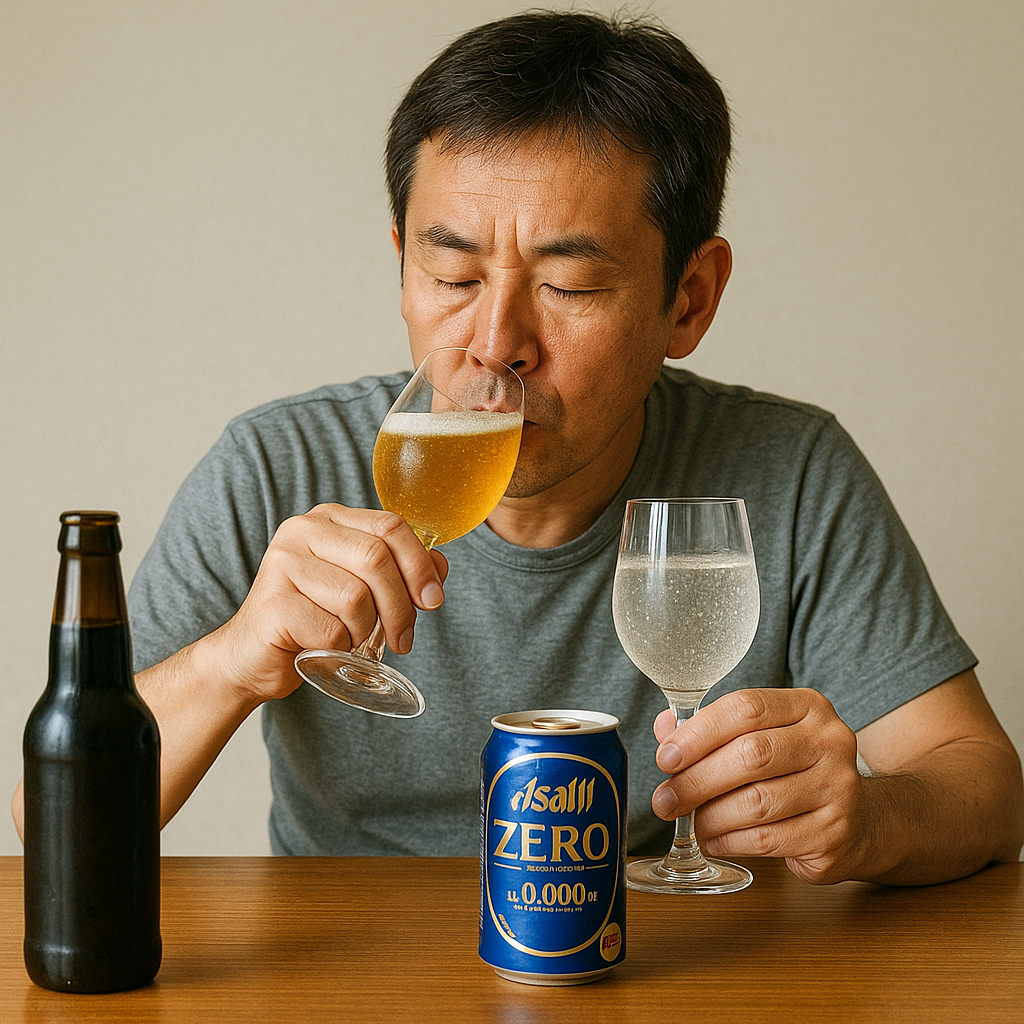 ノンアルと炭酸水を飲み比べする中年男性