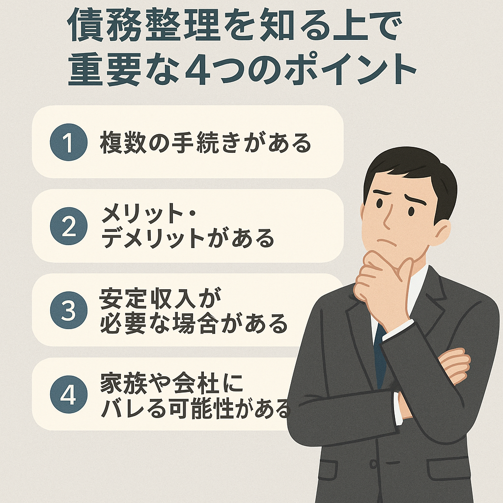 債務整理を知る上で重要な4つのポイントを紹介する日本語インフォグラフィック。スーツ姿の中年男性が思案しているイラストが添えられている。