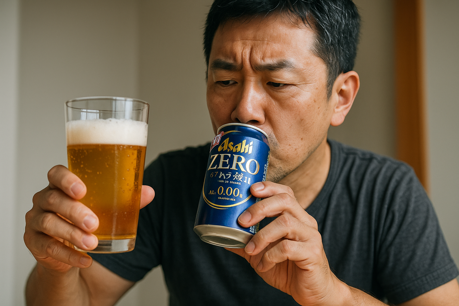 アサヒゼロの缶とグラスの実写風画像