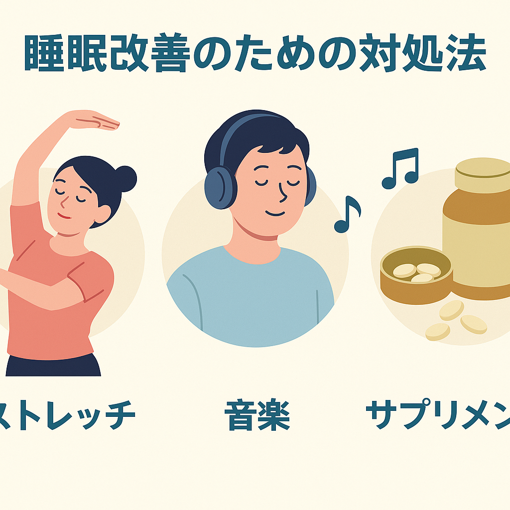 睡眠改善のための対処法を紹介するイラスト。ストレッチ、音楽、サプリメントの3つのリラックス方法が描かれている。