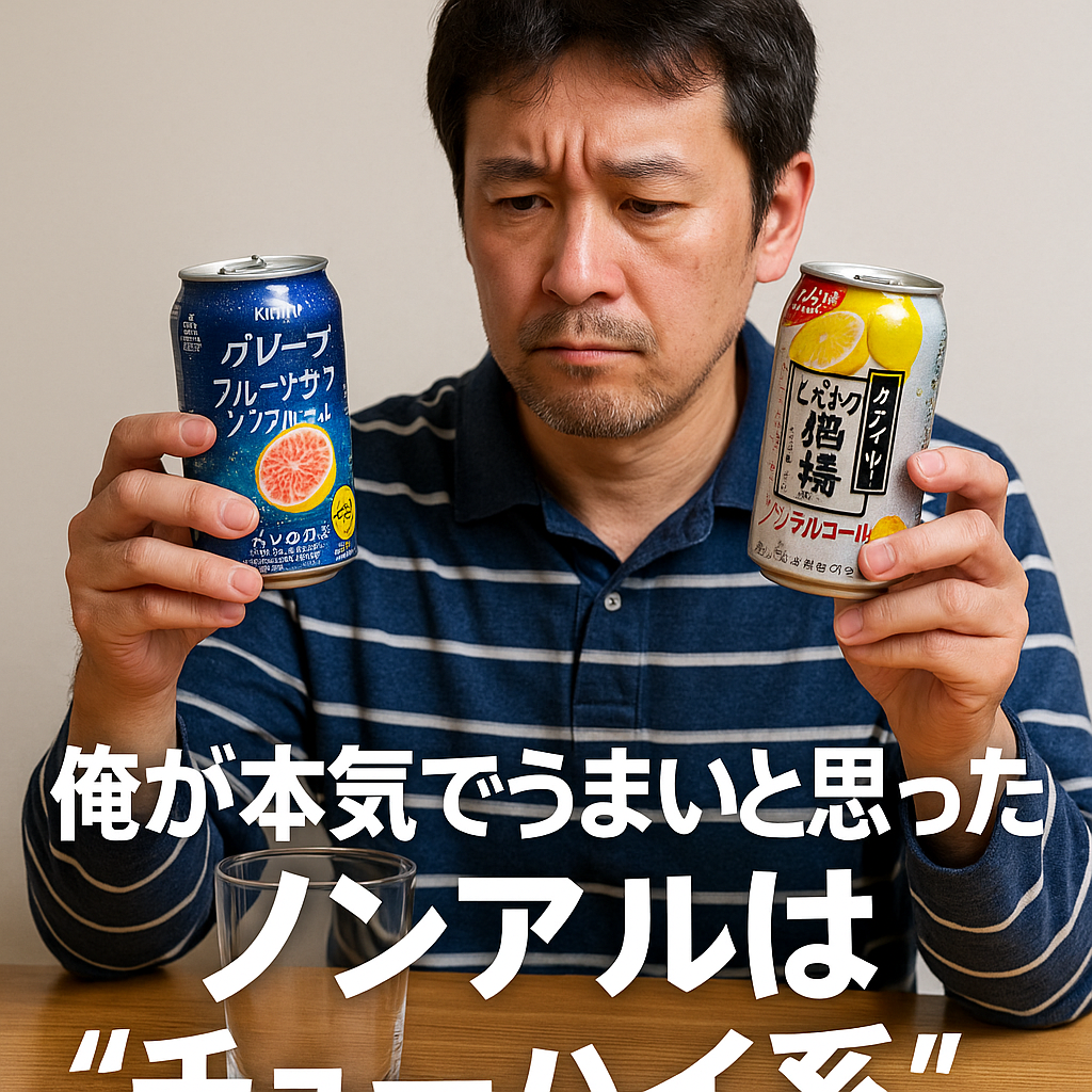 チューハイ系ノンアル飲料を見比べている中年男性の真剣な表情の写真 チューハイ系ノンアル飲料を見比べている中年男性の真剣な表情の写真